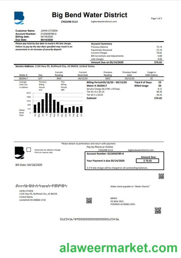 USA Nevada Big Bend Water District utility bill template in Word and PDF format